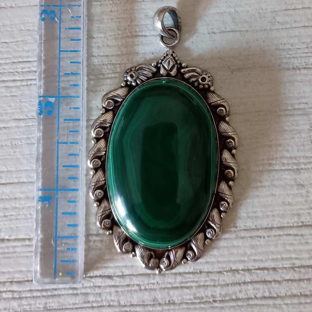 Southwestern Style Malachite and 925 Silver Pendant, 3" - Picture 2 of 5